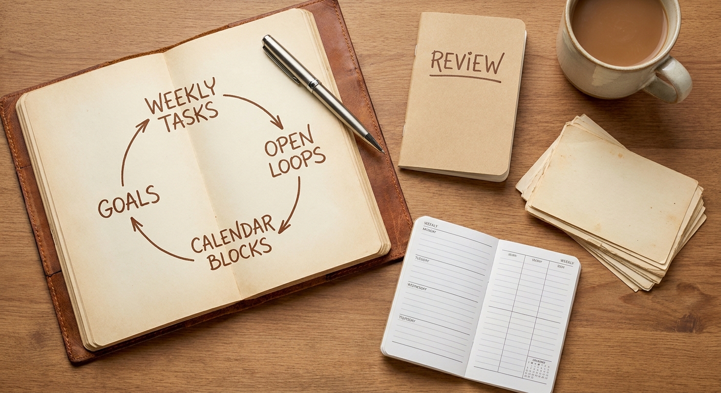 Weekly planning cycle — structured loop connecting open tasks, calendar blocks, and goals into a coherent weekly rhythm