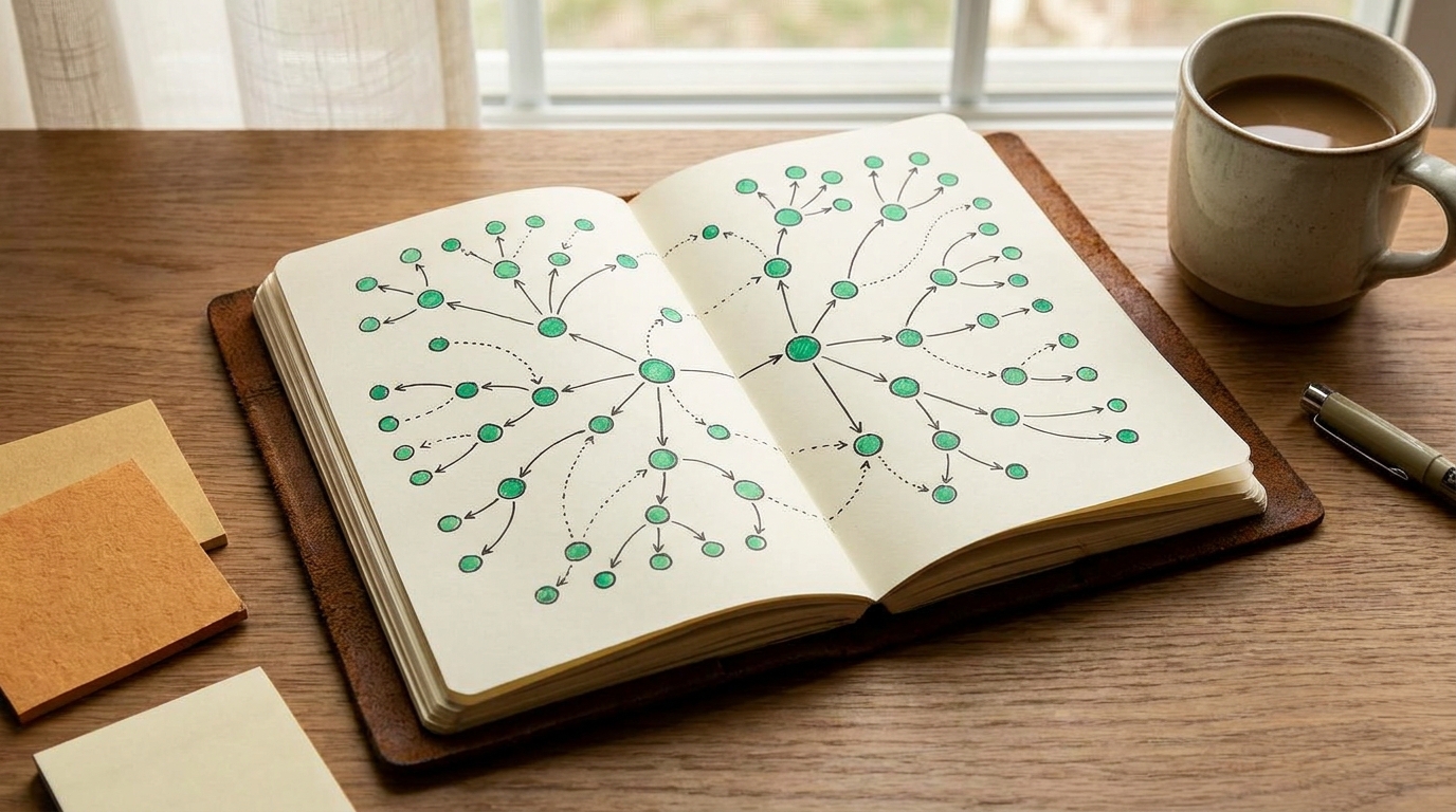 ADHD-adapted flexible review structure — branching emerald pathways representing adaptive state-responsive planning that meets different energy levels