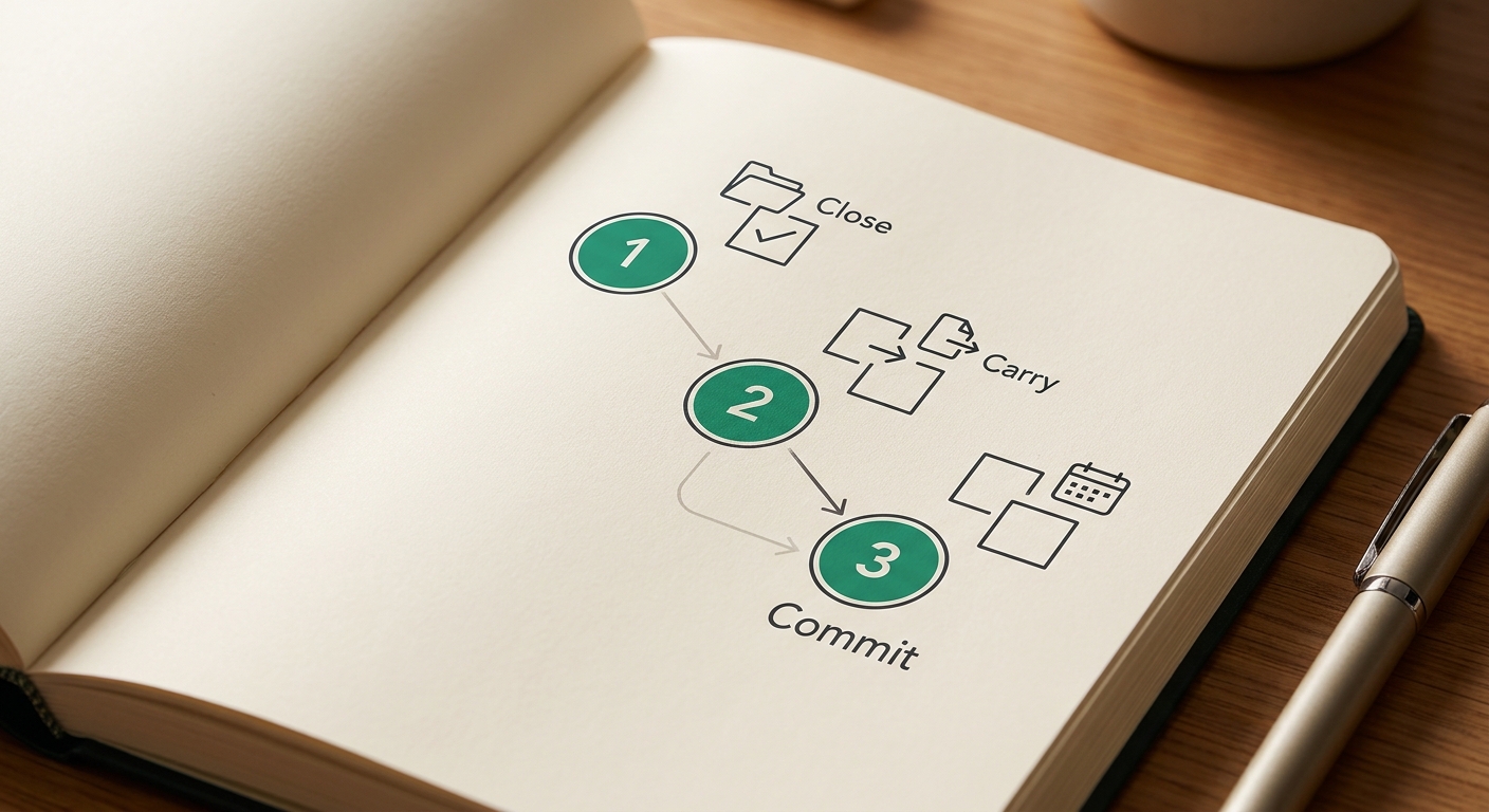 Three-phase 10-minute review process — Close, Carry, Commit shown as clean emerald progress flow with minimal geometric steps